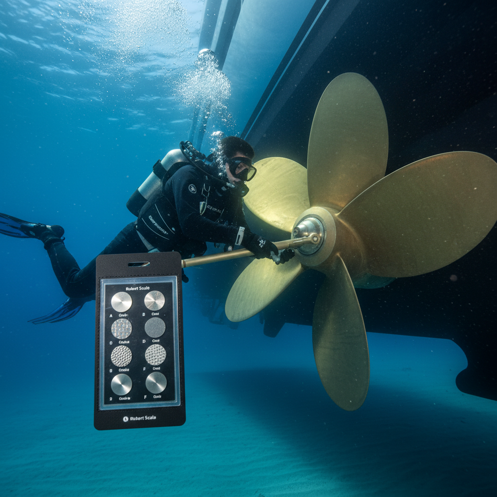 Professional diver performing a propeller evaluation with roughness measurement tools