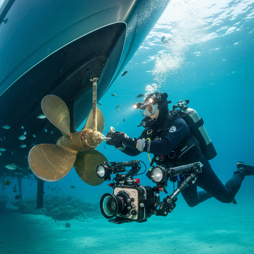 Professional diver performing a bottom growth evaluation and zinc check