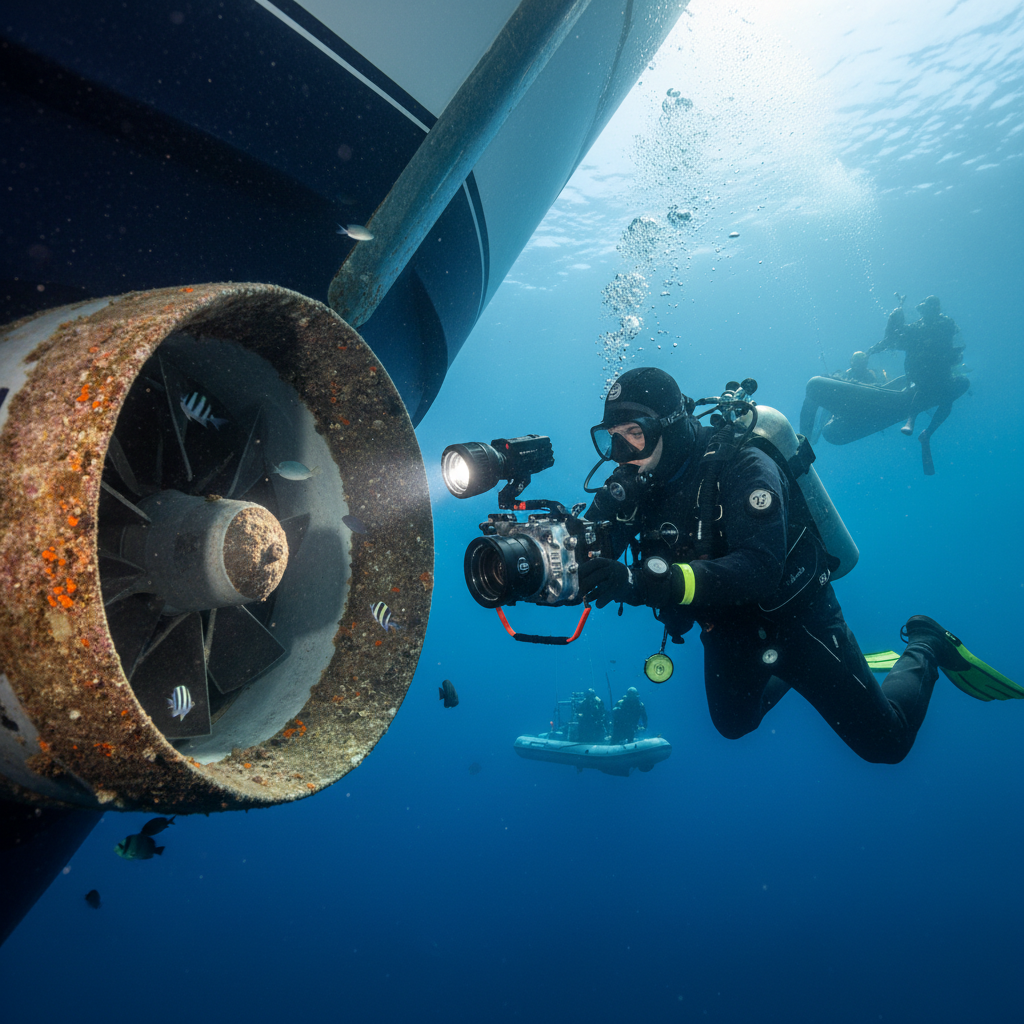 Professional diver performing an underwater thruster inspection in San Rafael