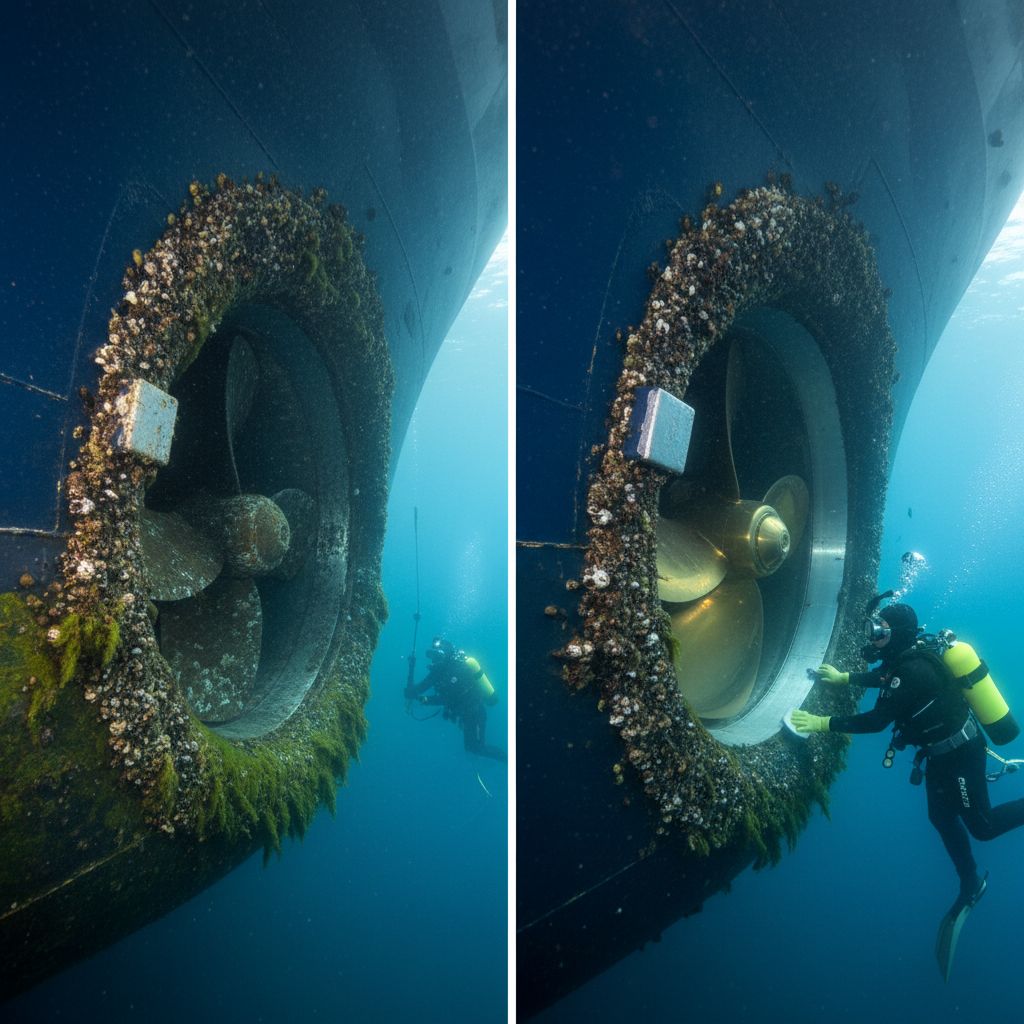 Before and after tunnel growth removal for a bow thruster