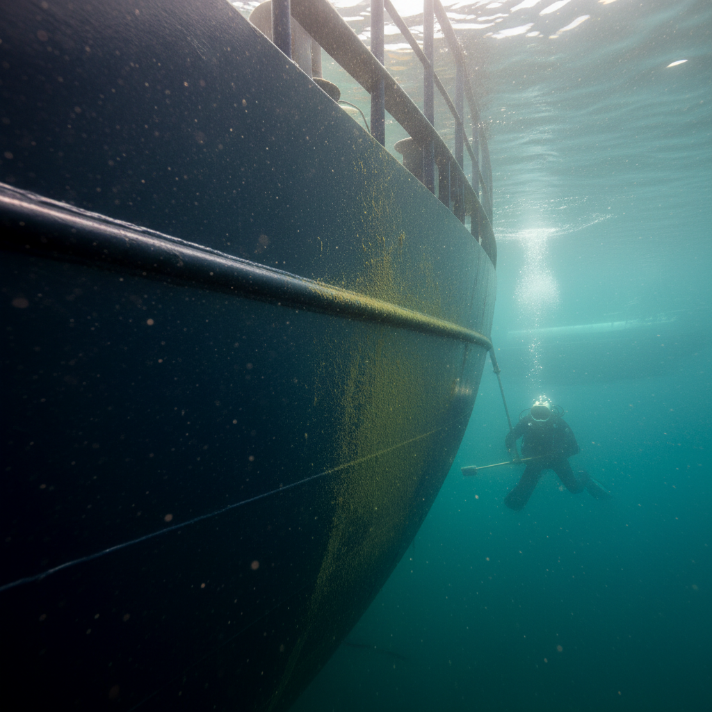Close-up of a fouling assessment framework being applied to a boat hull in San Pablo Bay
