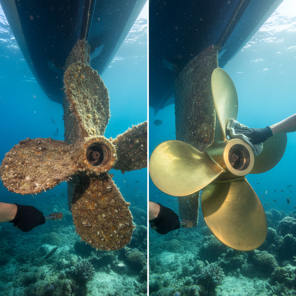 Before and after comparison of a propeller showing hull fouling impact