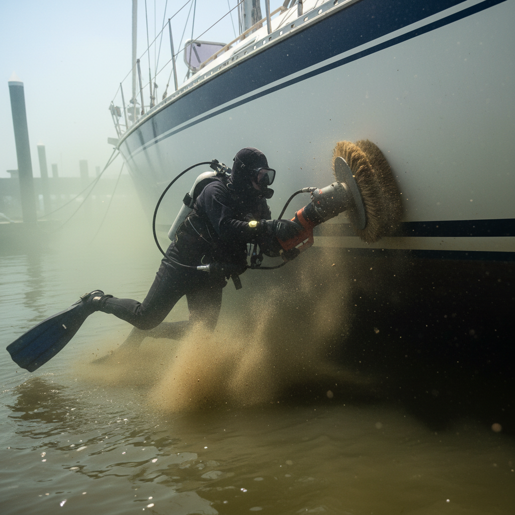 Professional diver performing hull cleaning frequency maintenance in brackish Petaluma River water