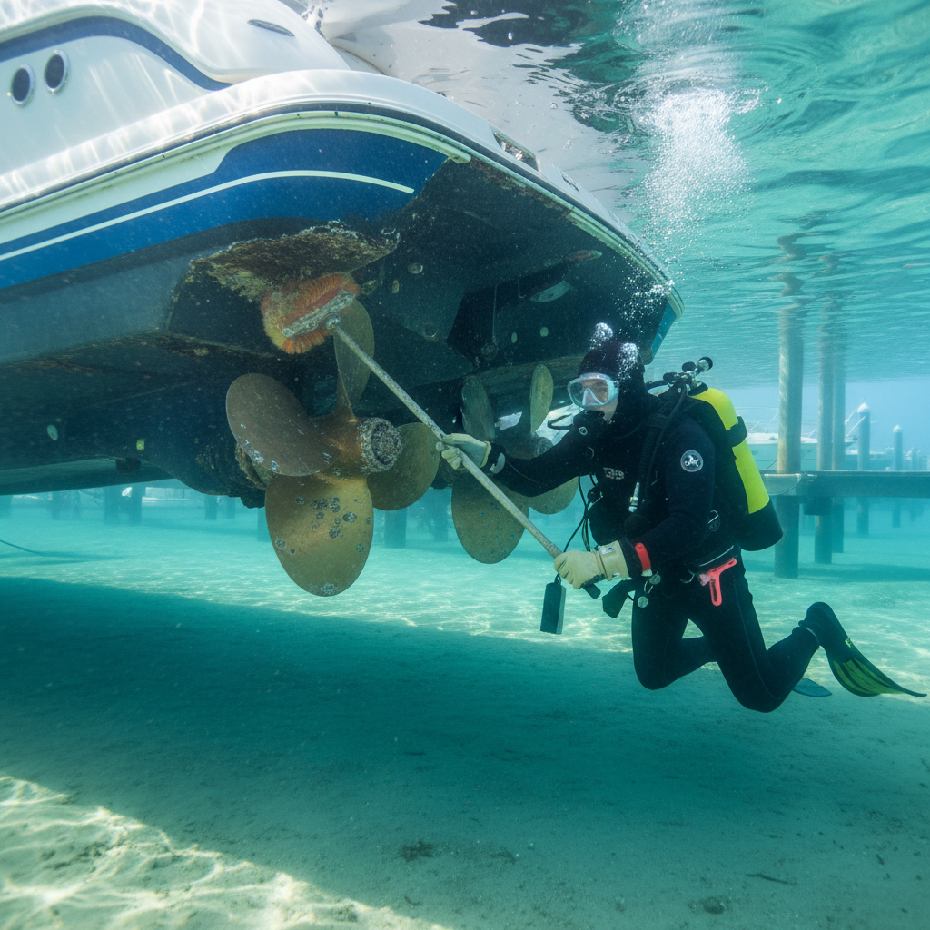 Professional diver performing propeller cavitation recovery at Richmond Marina