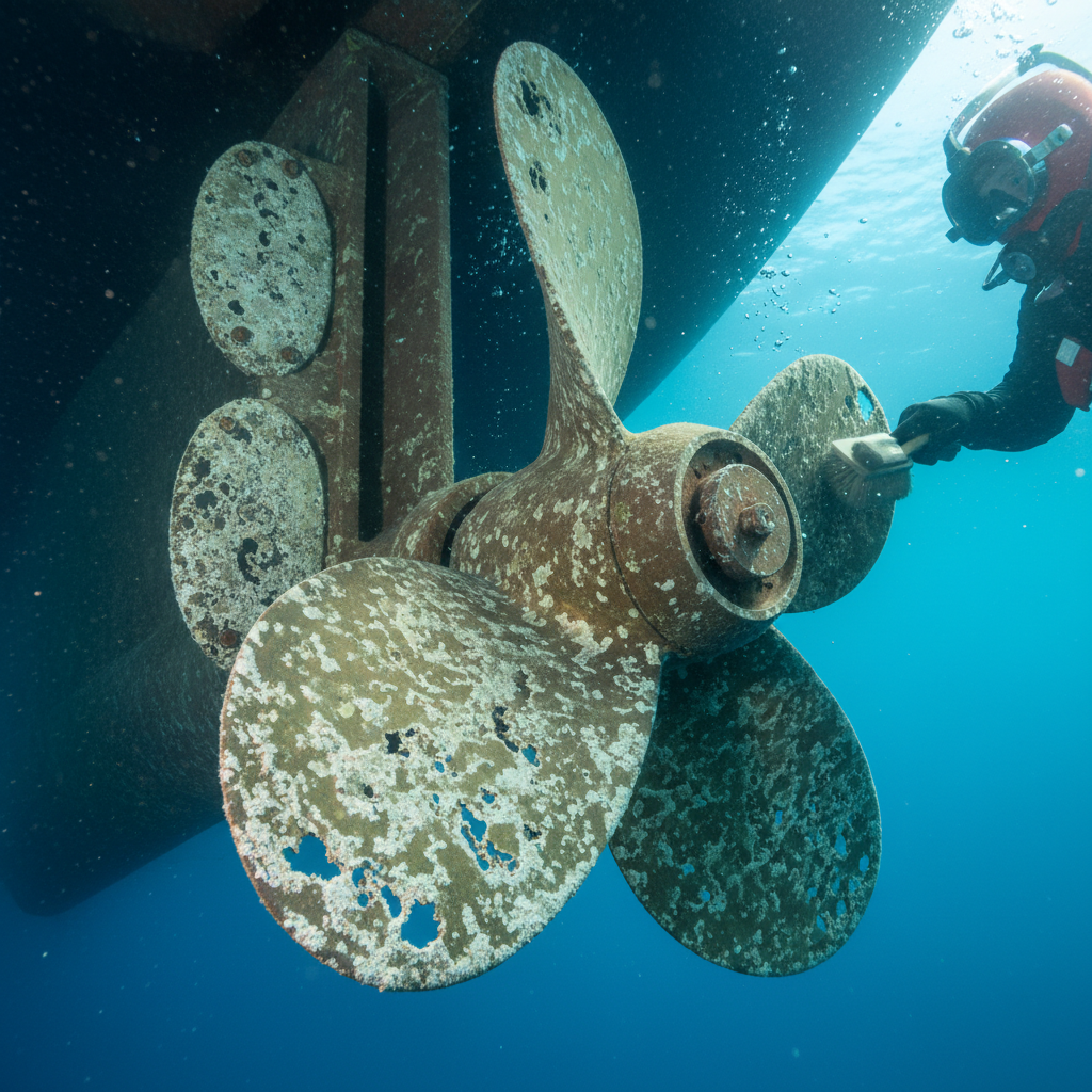 Close-up of yacht running gear and zinc anodes during underwater coating health check