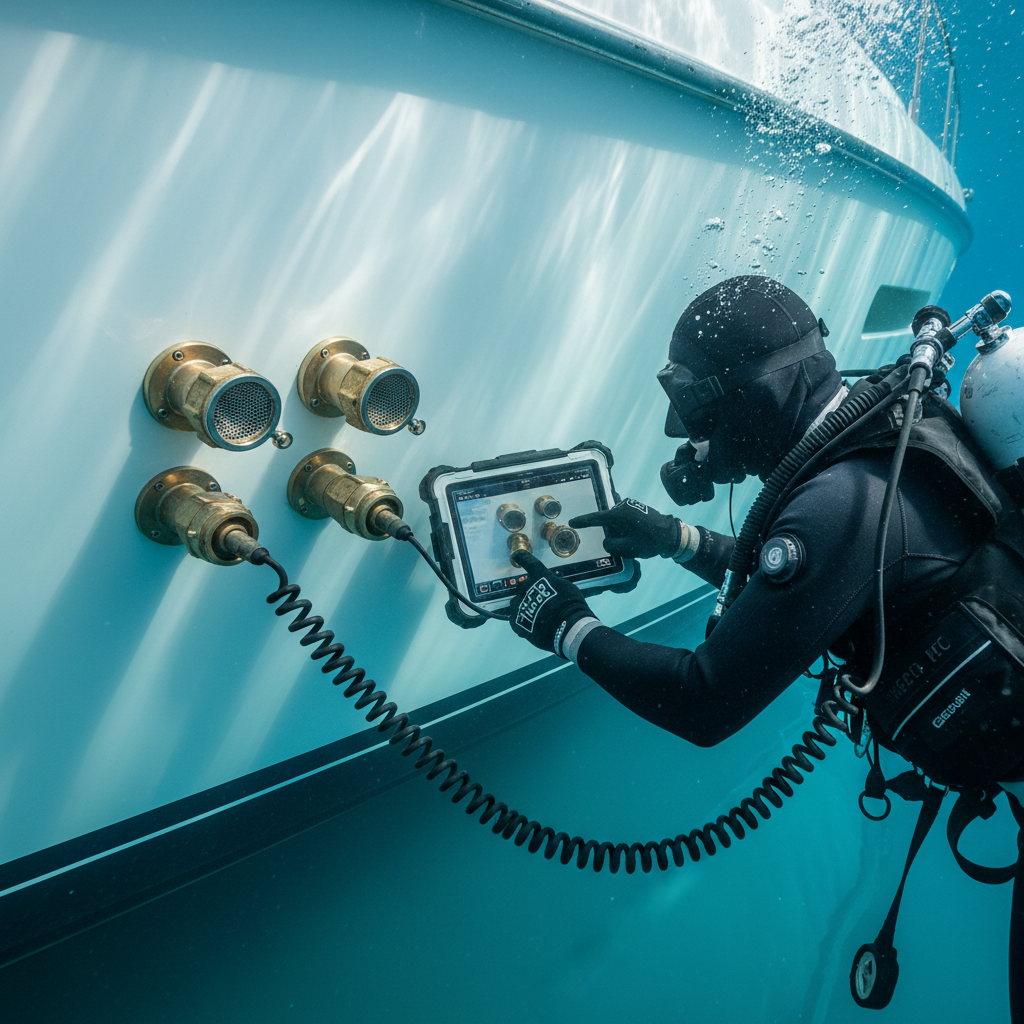 Professional diver performing underwater component mapping on a yacht hull