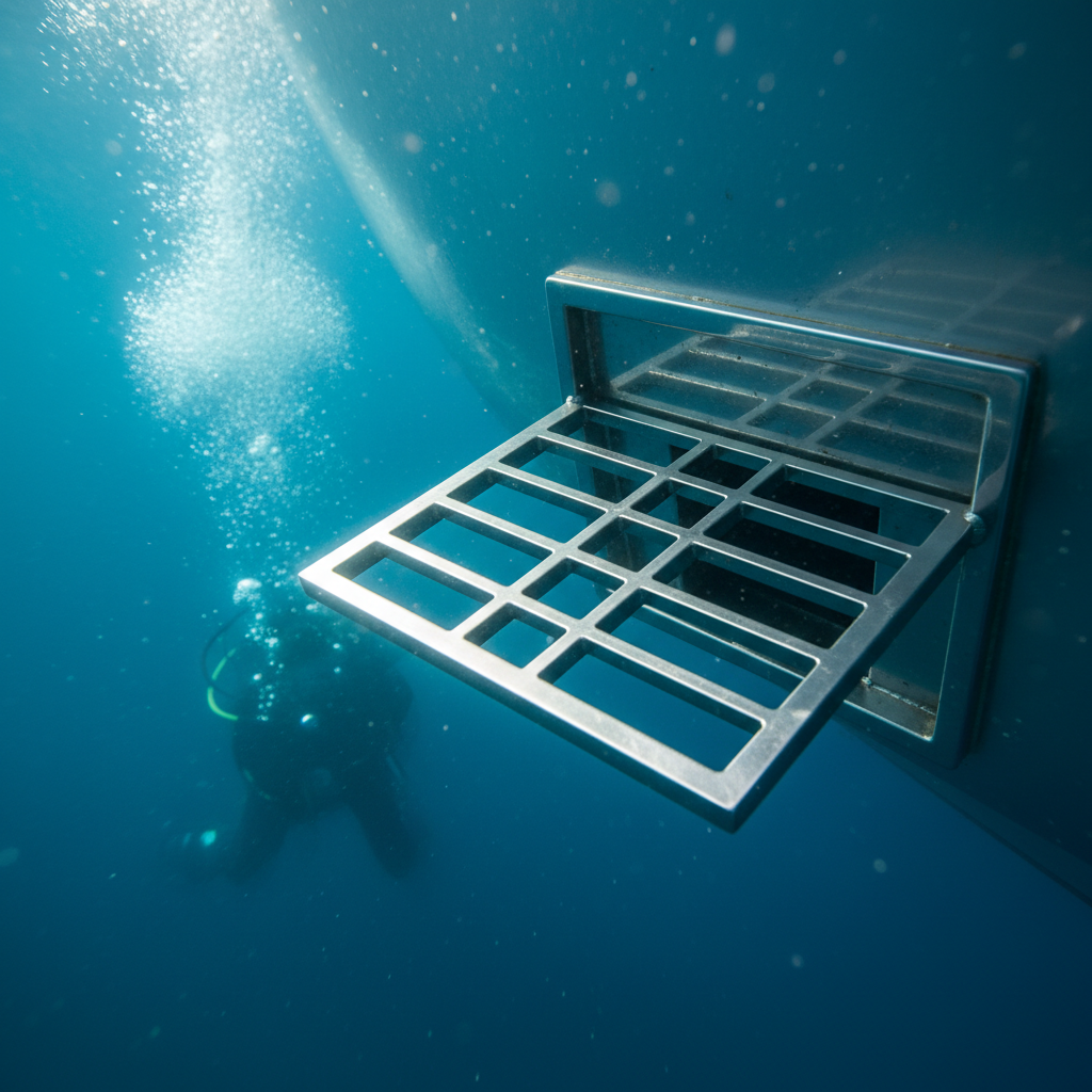 Niche area fouling inspection of a boat sea chest during an underwater photo audit