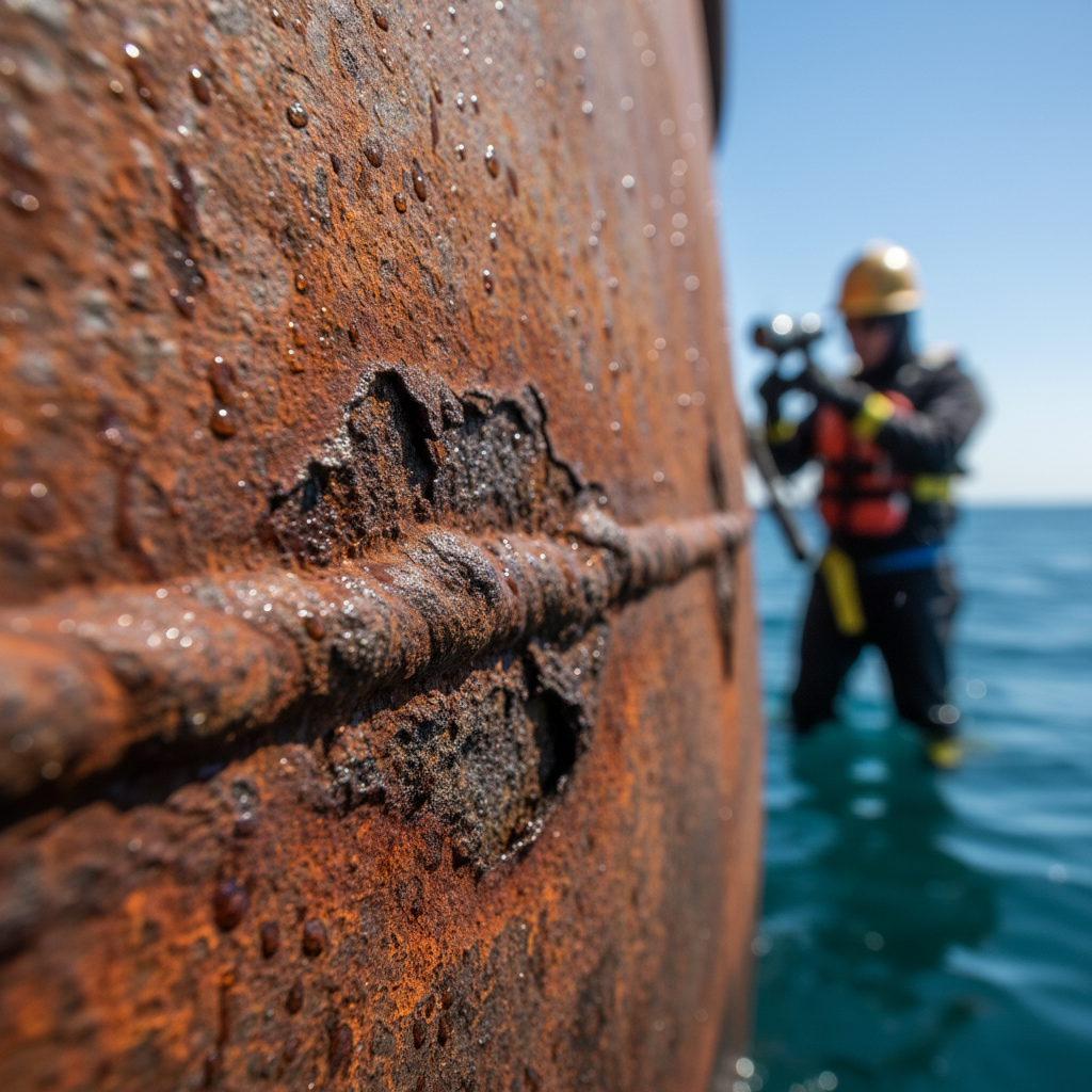 Close up of galvanic corrosion on a hull requiring a weld integrity check