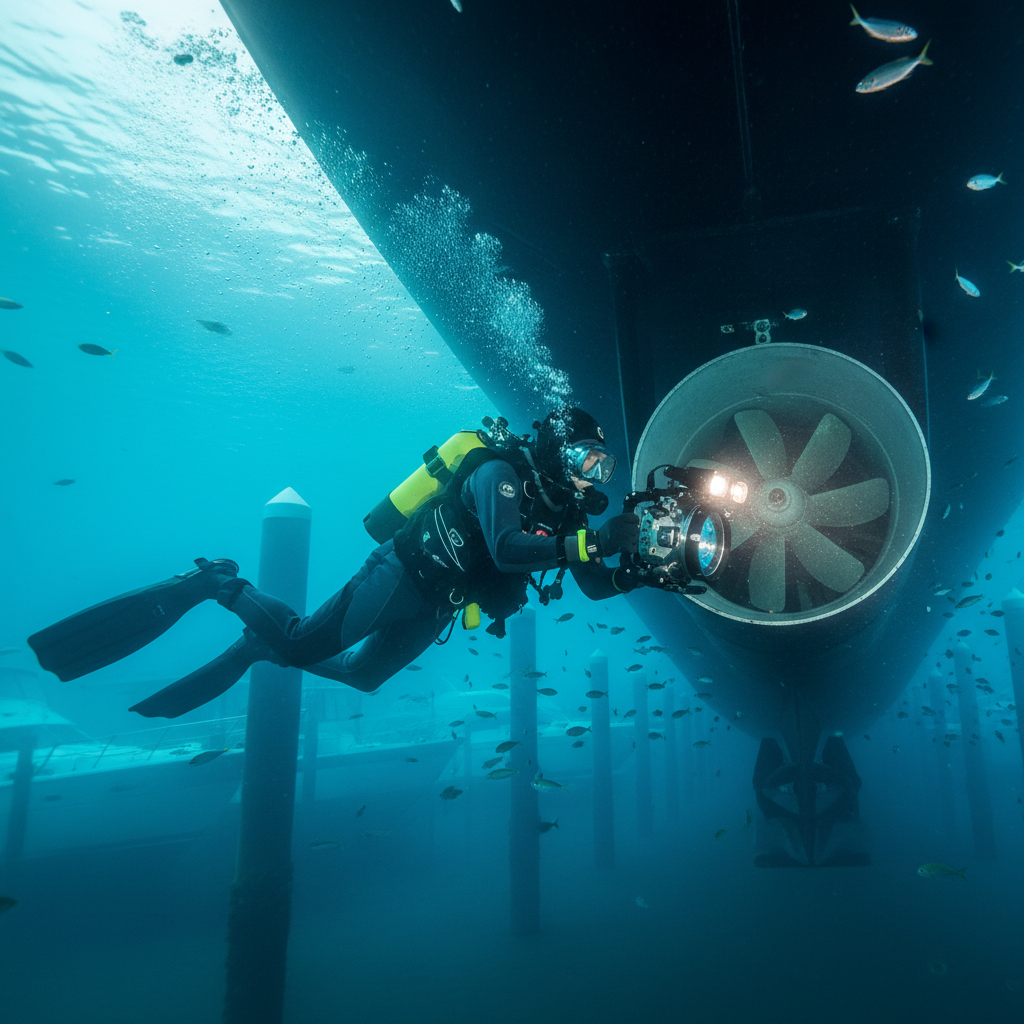 Professional diver performing an underwater thruster inspection