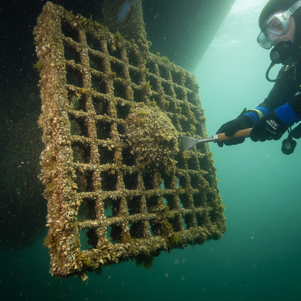 Heavy marine growth on a bow thruster grate maintenance candidate in Alameda