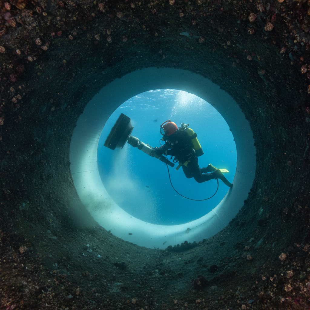 Professional diver performing bow thruster grate maintenance and marine growth removal