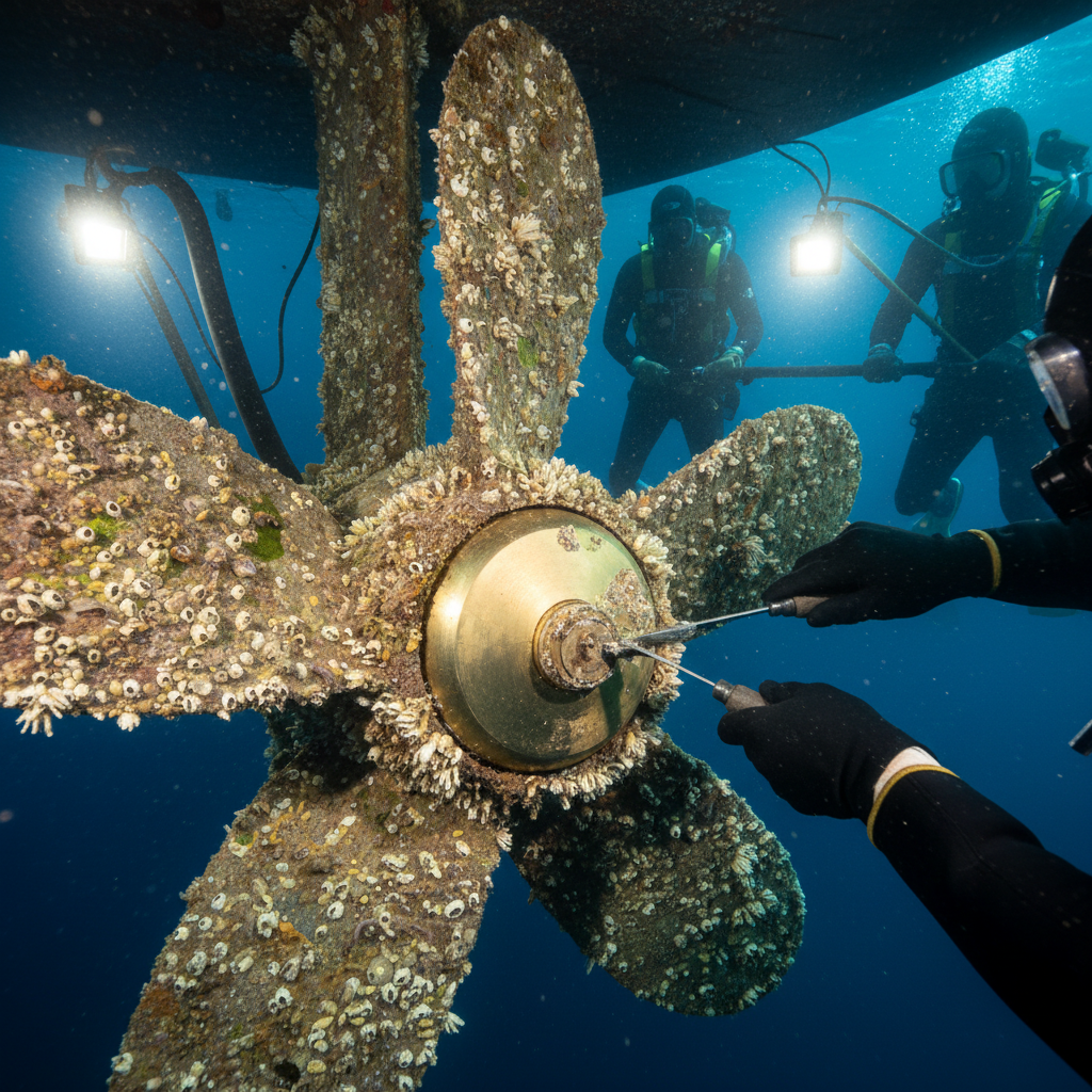 Before and after bow thruster maintenance showing marine growth removal