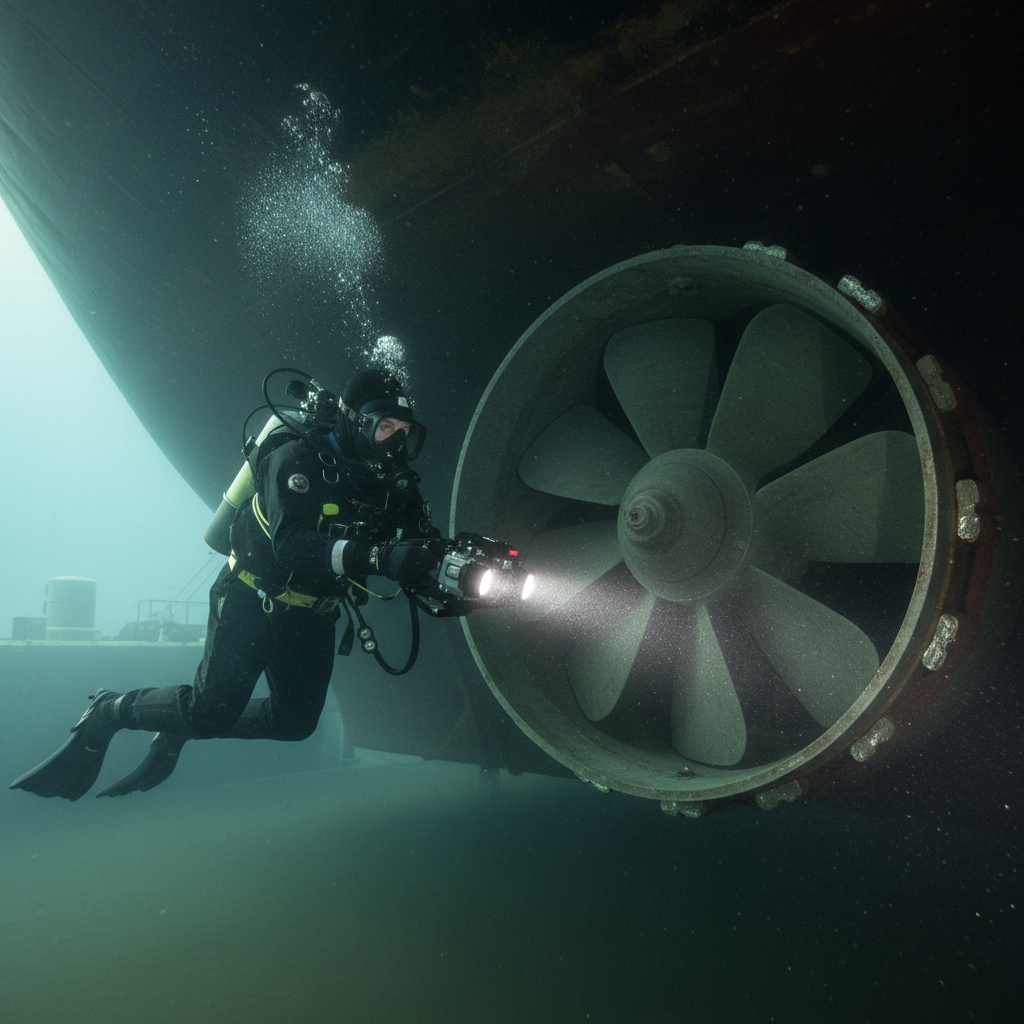 Professional diver performing a tunnel thruster inspection in Redwood City