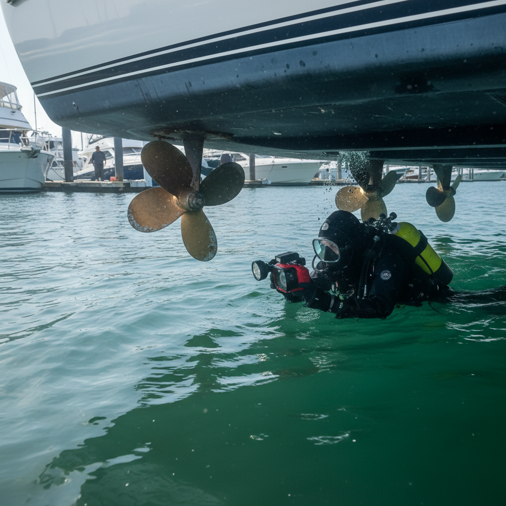 Underwater Propeller Inspection Professional diver performing Martinez marina maintenance and inspection