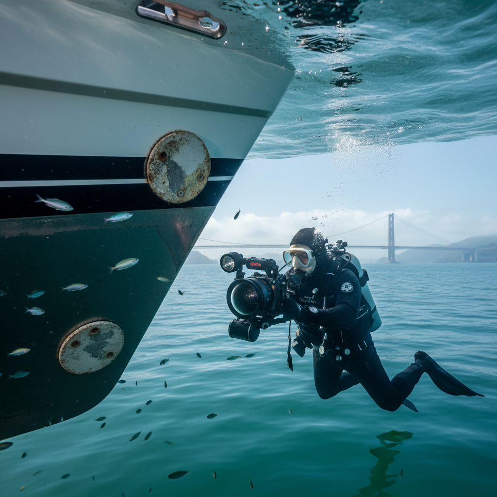 Professional diver performing a Sausalito marine maintenance check