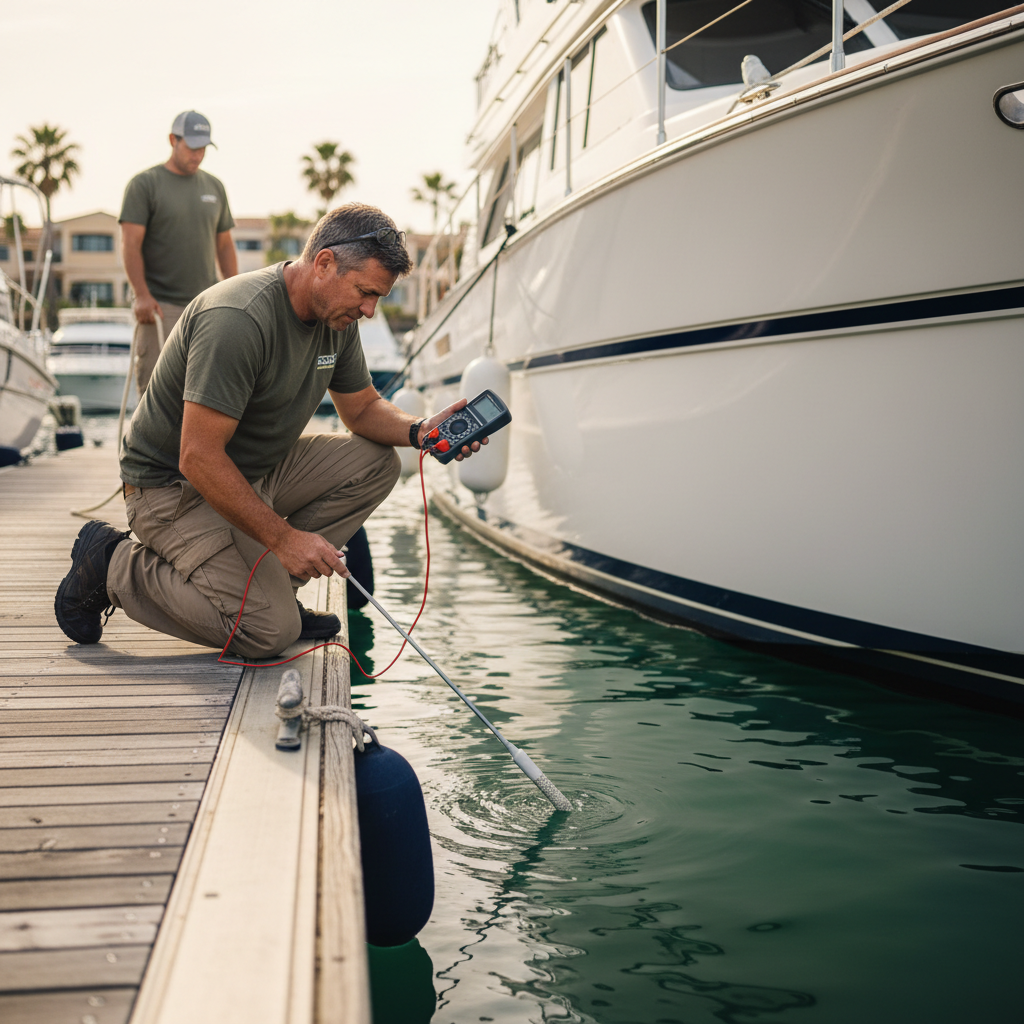 Marine technician performing a galvanic isolation audit at a Belvedere marina