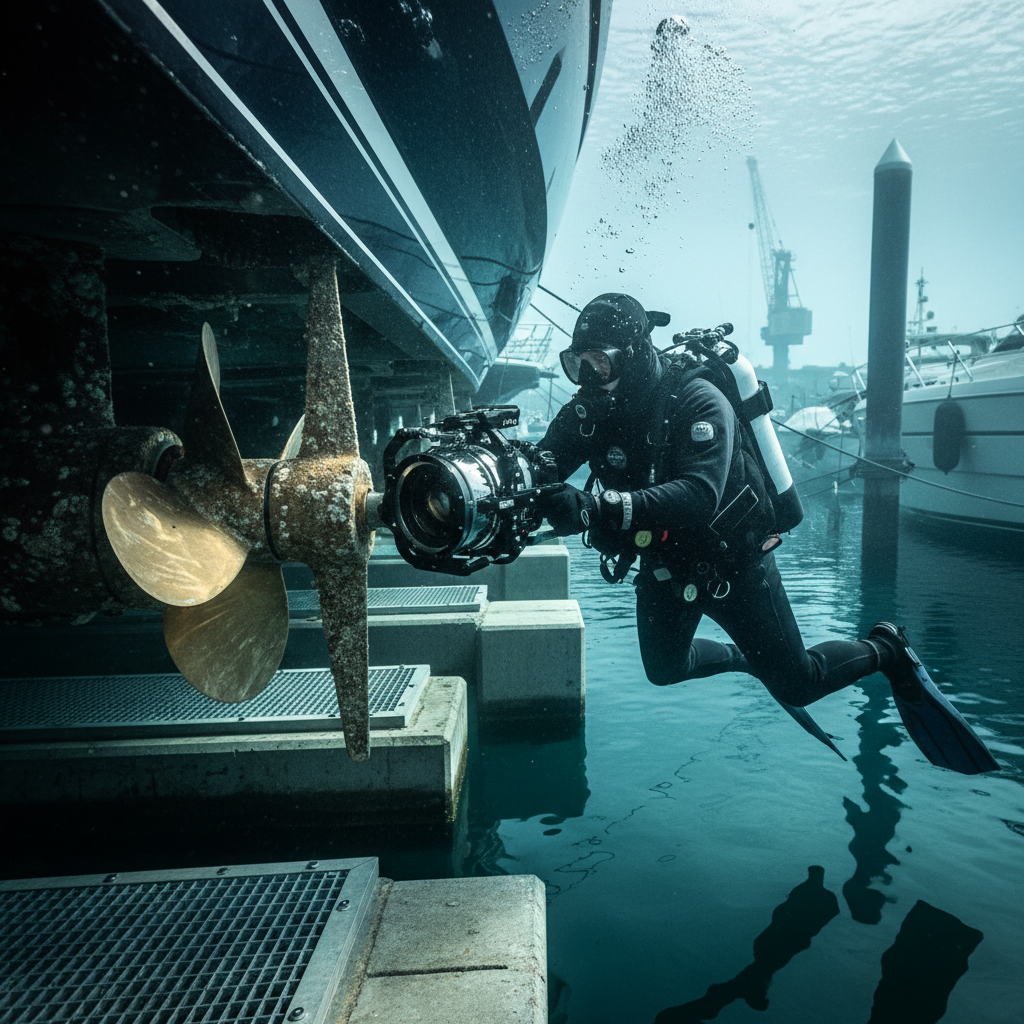 Professional diver performing a grounding impact audit on running gear
