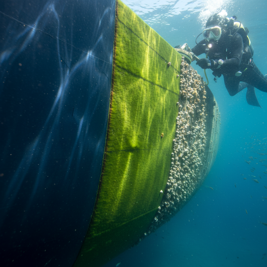 Close-up of hull biofouling signature showing slime and barnacle growth progression