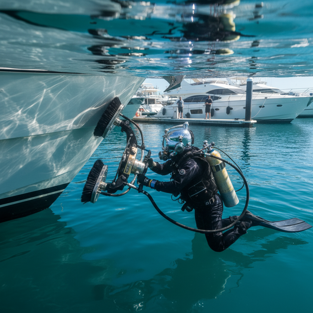 Professional diver performing Brisbane Marina boat maintenance and hull cleaning