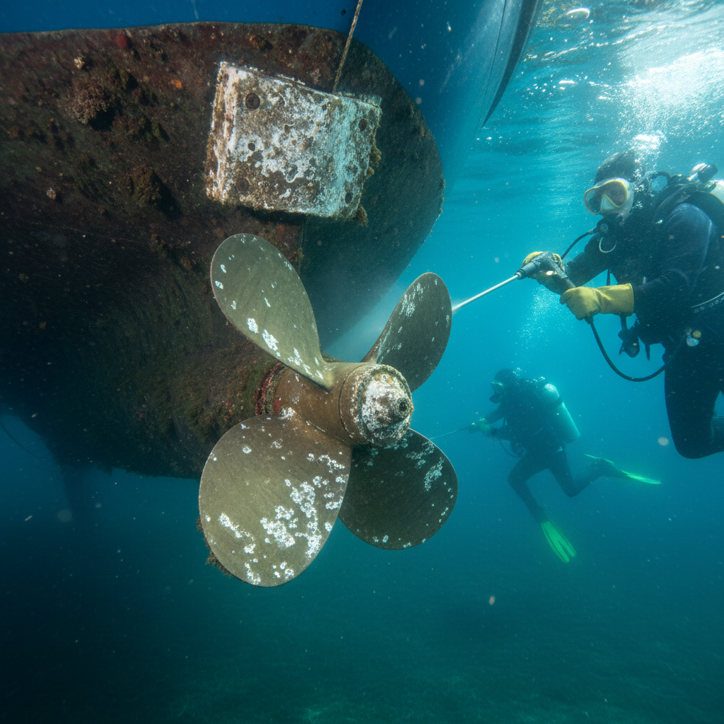 Underwater view of a boat propeller and sacrificial anode for Paradise Cay boat maintenance
