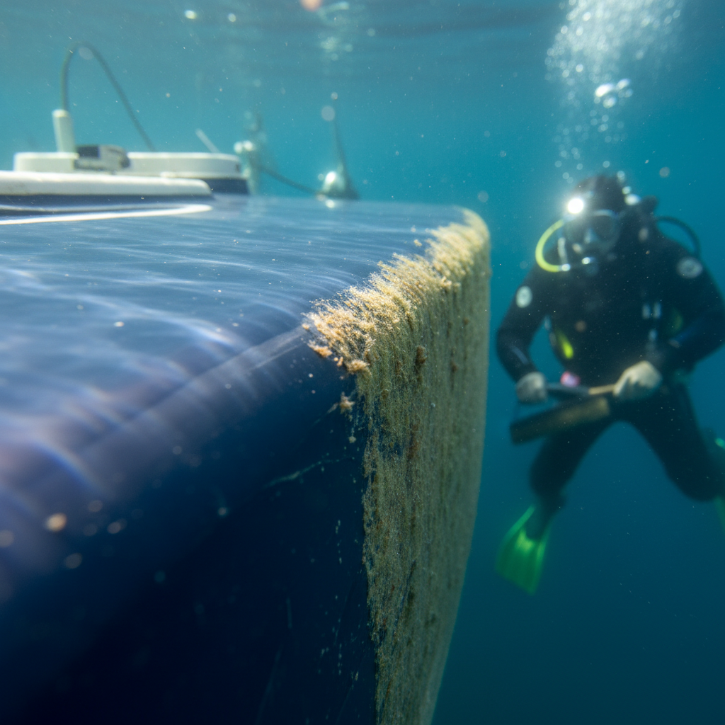 Professional hull roughness assessment showing micro-fouling on a boat hull