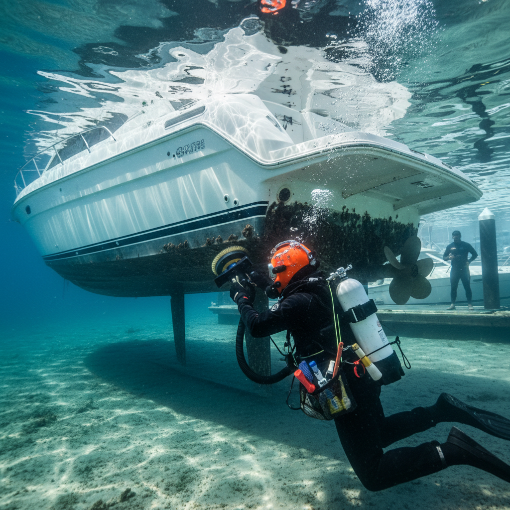 Professional diver performing underwater hull grooming at Coyote Point