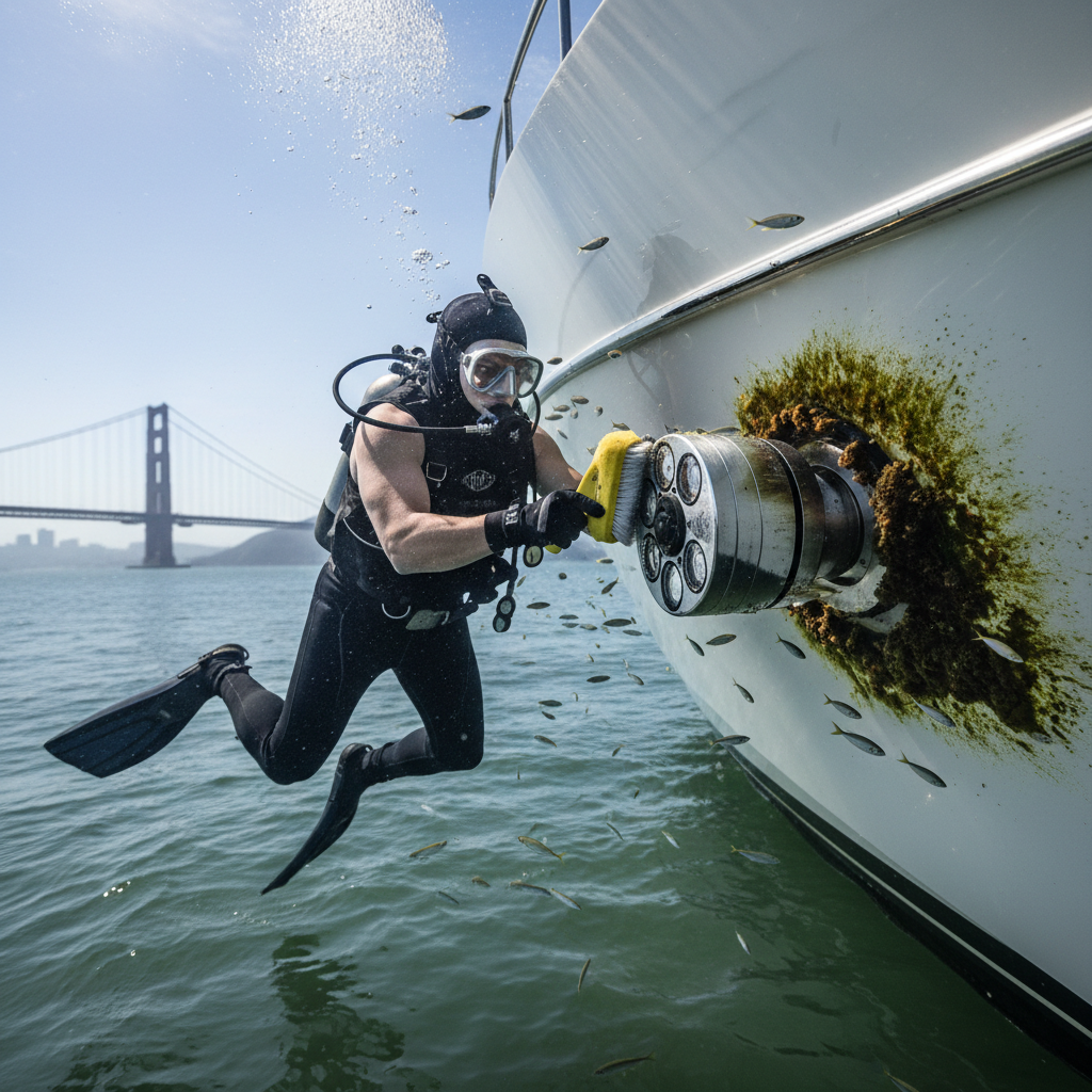 Underwater Connectivity Audit in Action Professional diver performing hull-to-shore connectivity audit on a Tiburon yacht