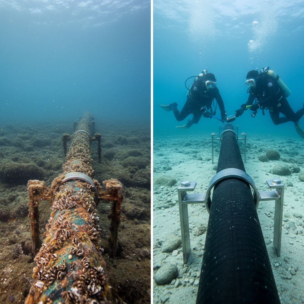 Data Cable Maintenance Comparison Before and after underwater data cable maintenance comparison