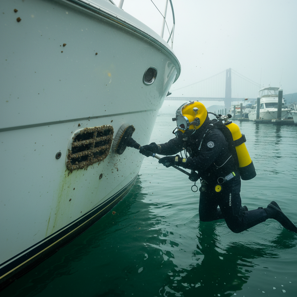 Professional diver performing intake grate clearing on a boat at South Beach Harbor