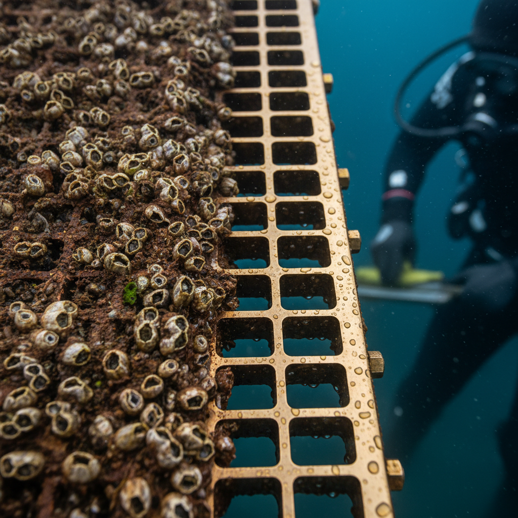 Intake Grate Cleaning Results Before and after of intake grate clearing showing biofouling removal