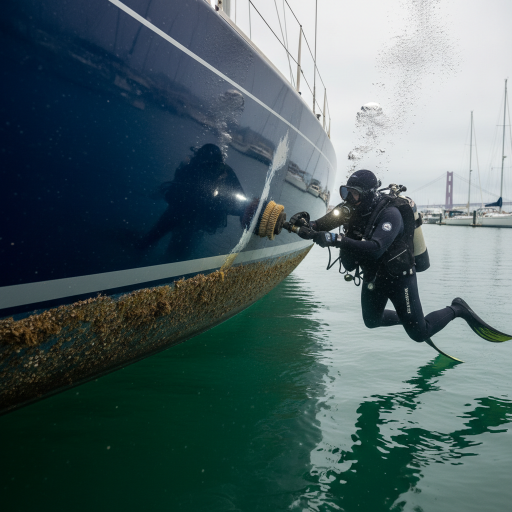 Underwater Hull Maintenance Professional diver performing hull cleaning at Oyster Point Marina