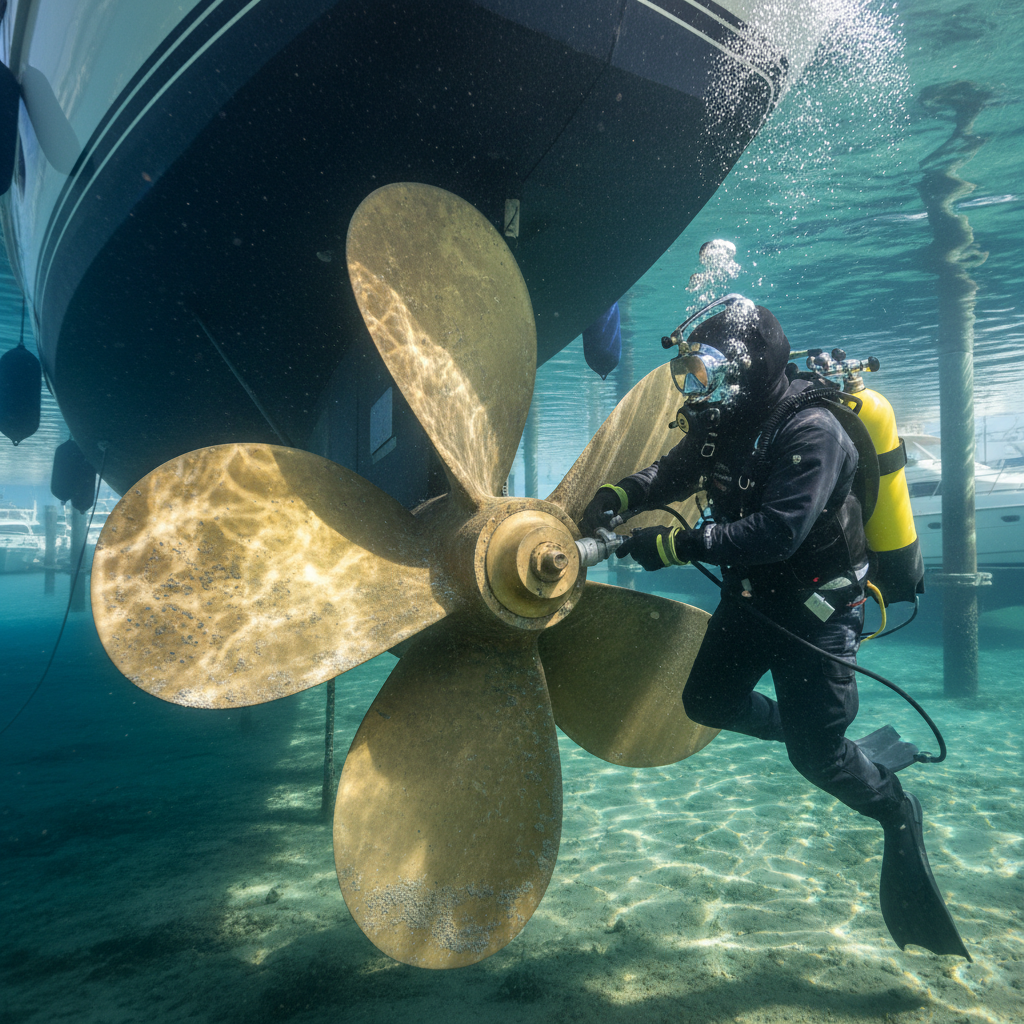 Professional diver applying the propeller polishing framework to a boat at Emeryville Marina