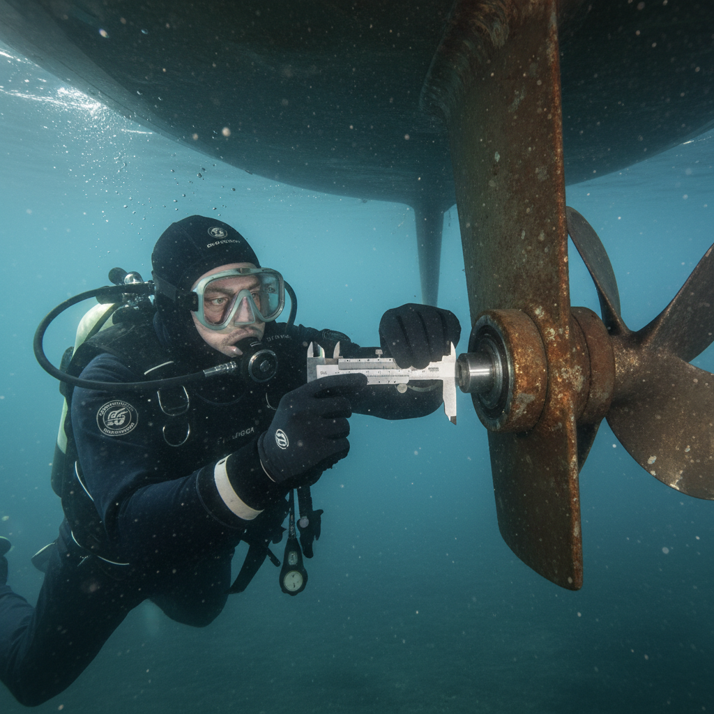 Underwater diver performing a propeller shaft wear audit at Berkeley Marina