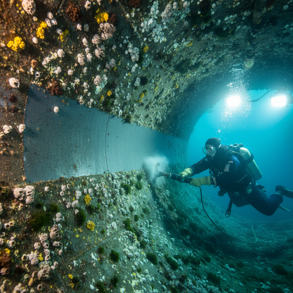 Close-up of sea chest de-scaling showing heavy biofouling inside a yacht intake