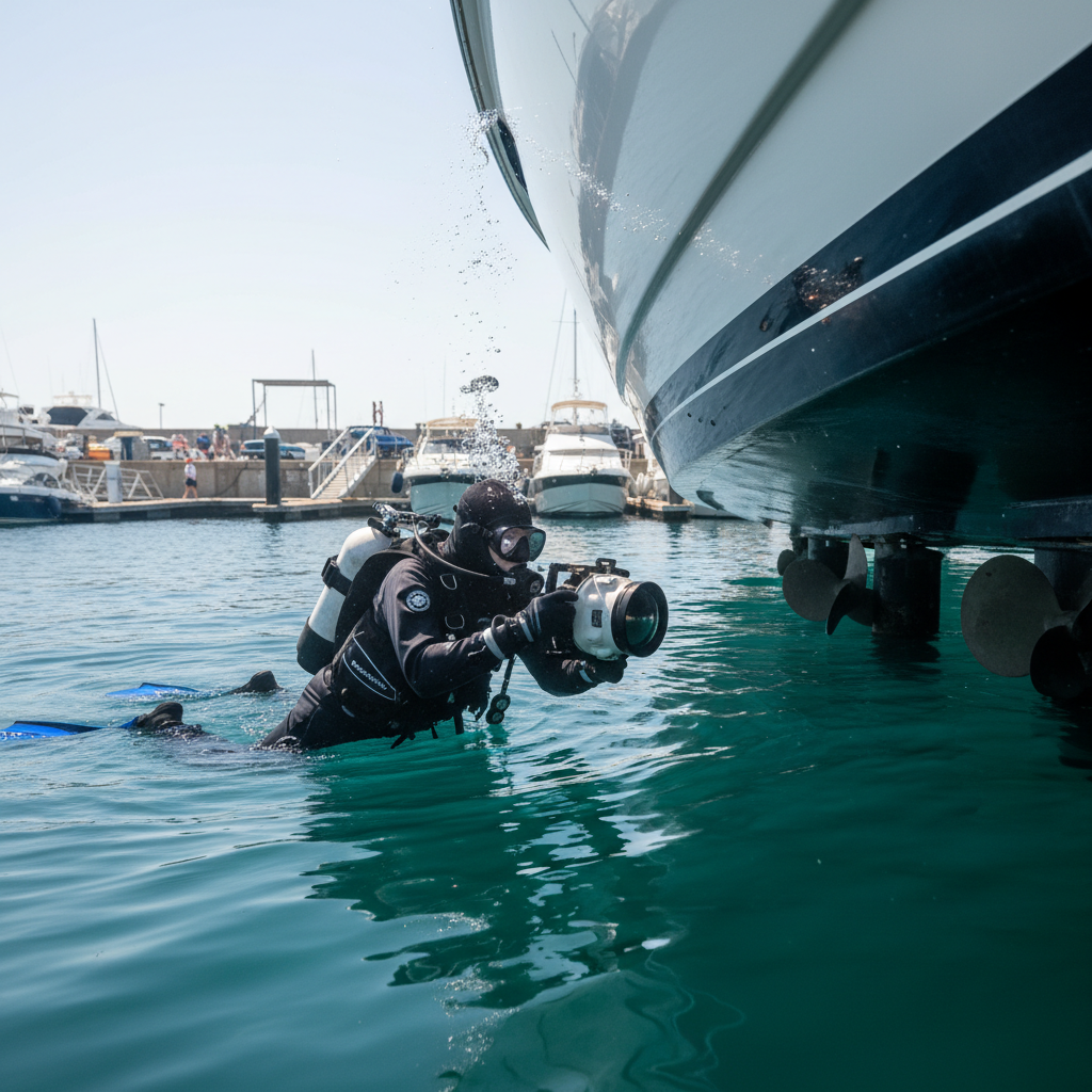 Professional diver performing internal intake cleaning inspection