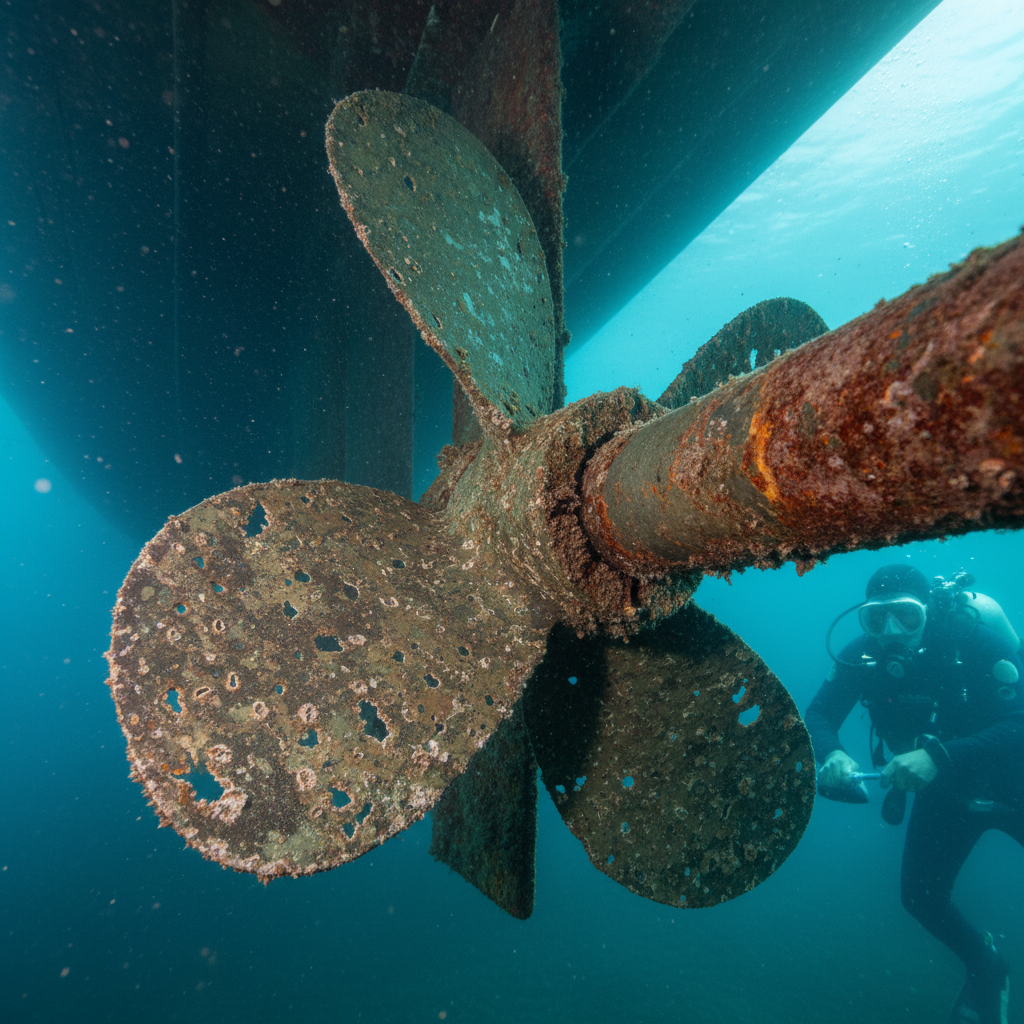 Underwater electrical corrosion damage on a boat propeller