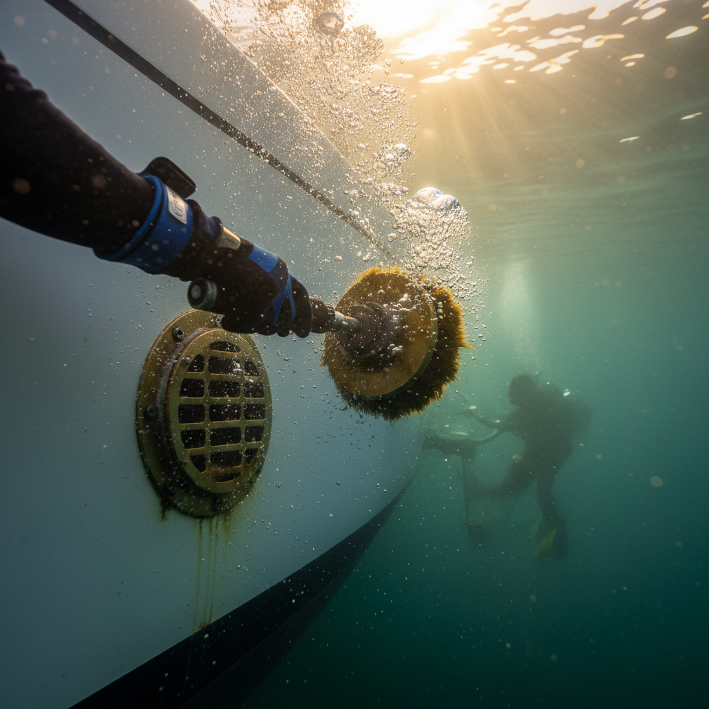 Professional diver performing an underwater valve inspection on a yacht hull