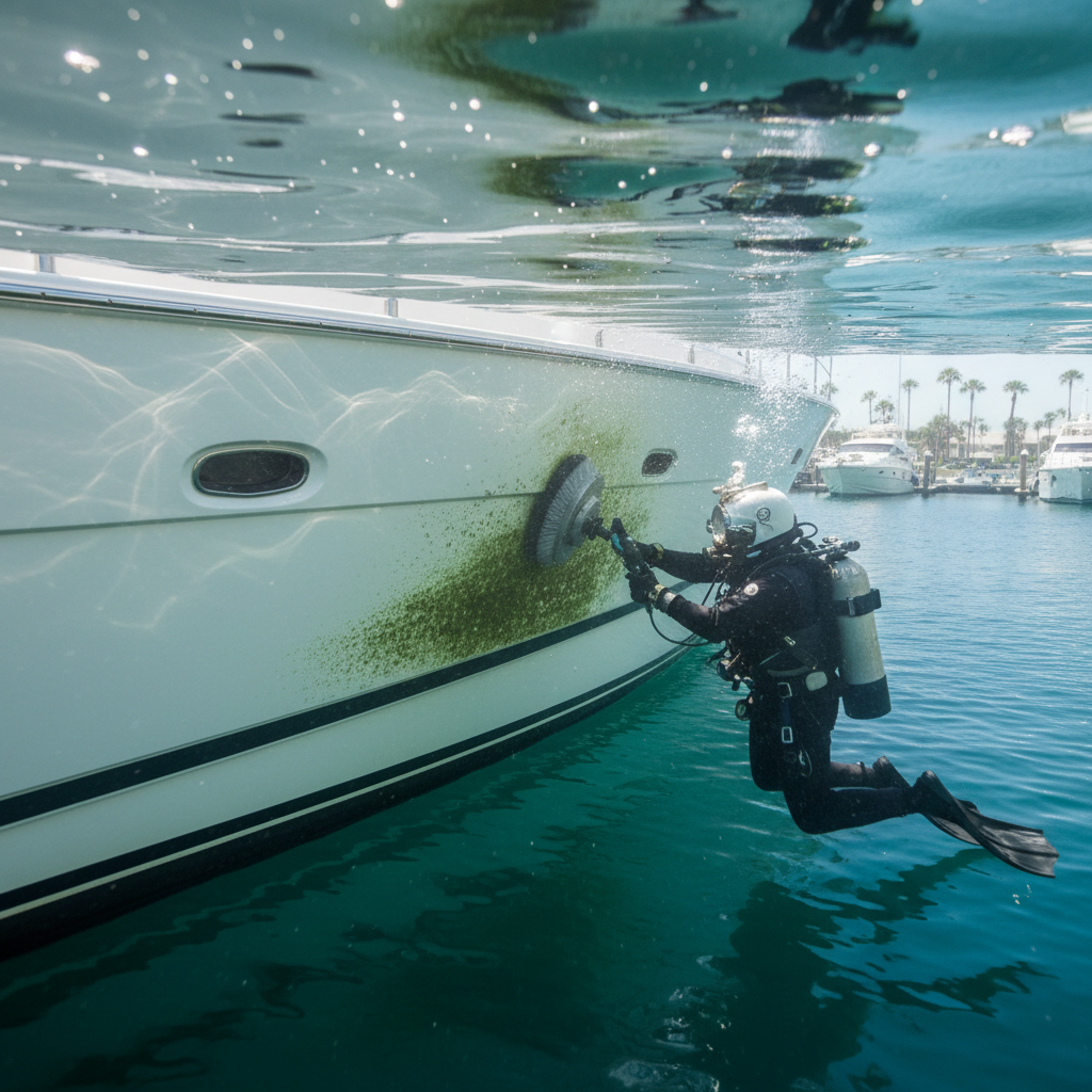 Professional diver performing underwater hull cleaning as part of a winter lay-up checklist