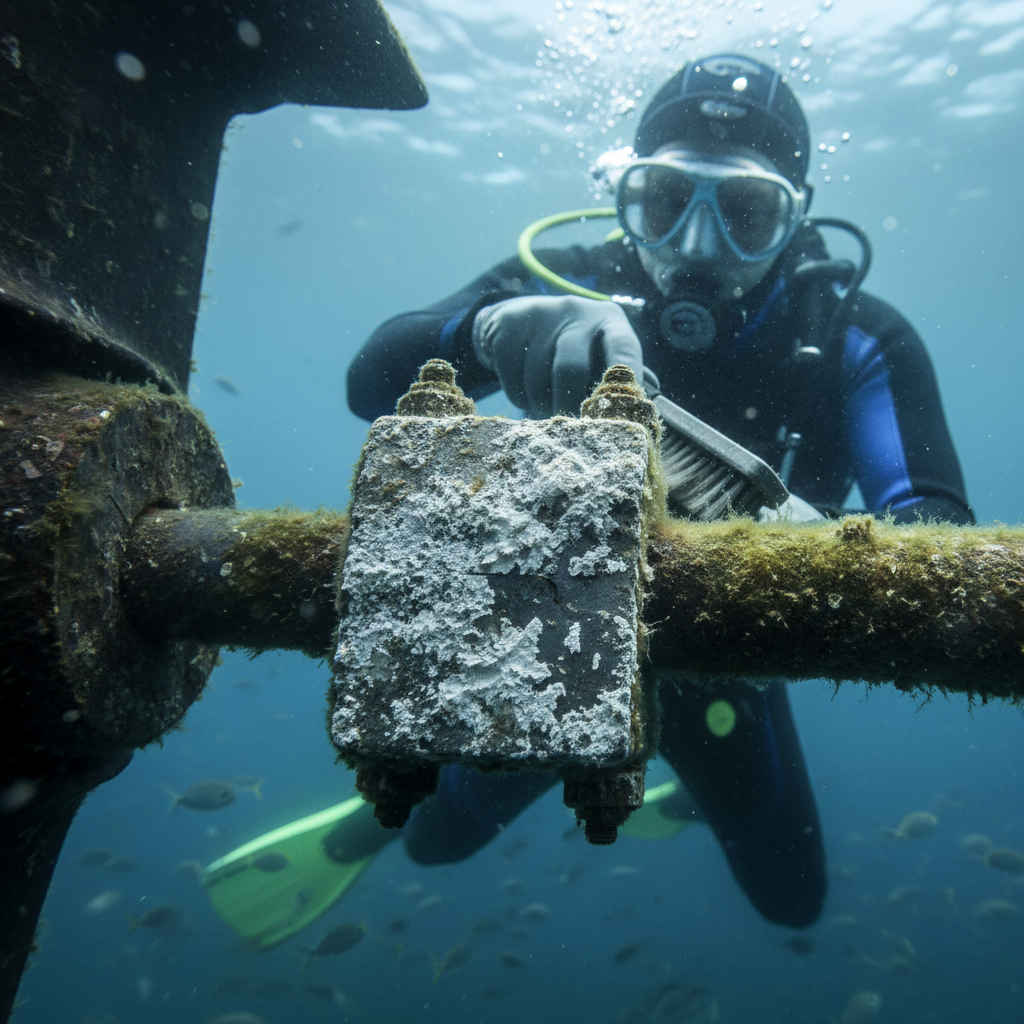 Close up of a sacrificial zinc anode needing replacement to prevent vessel corrosion