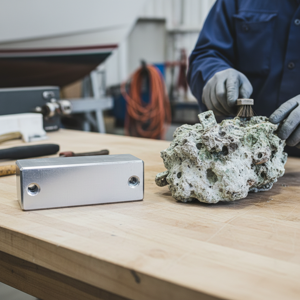 Anode Material Comparison Comparison of new aluminum anode vs depleted zinc anode for Treasure Island boat maintenance