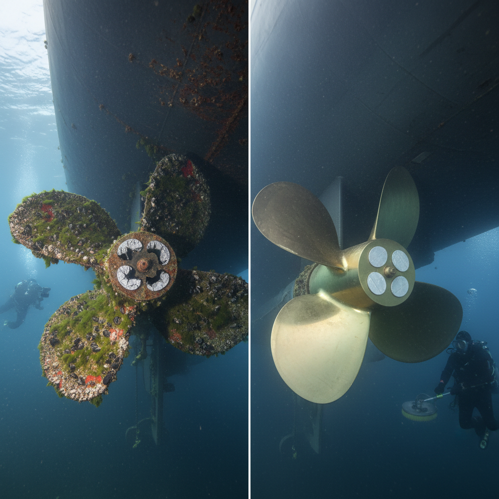 Comparison of corrosion damage vs clean prop after hull-to-pier grounding audit