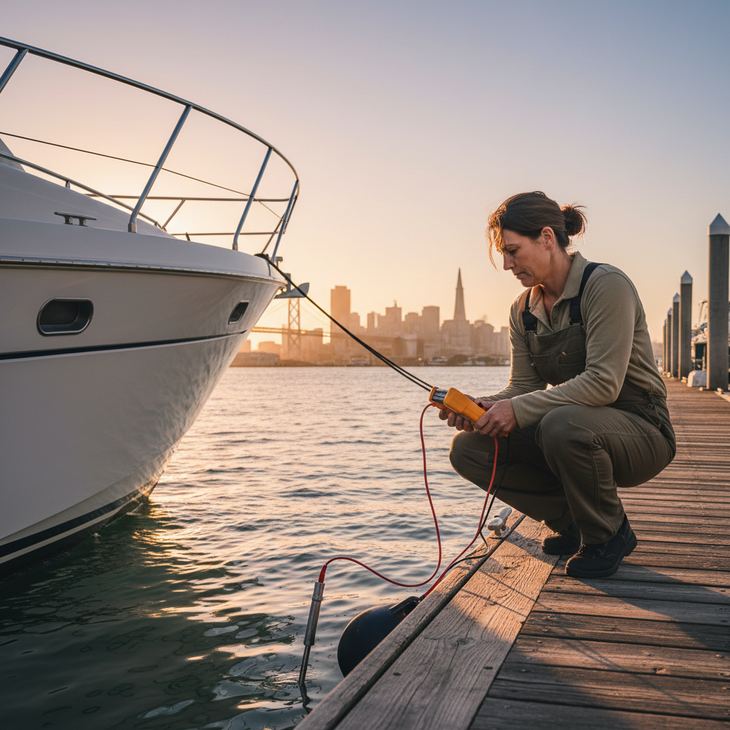 Technician performing a galvanic corrosion audit at Treasure Island Marina