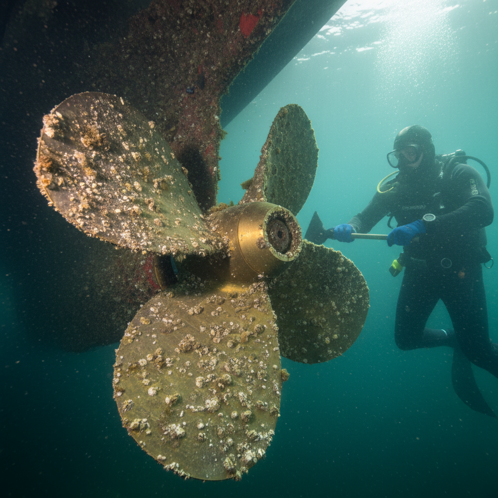 Underwater hull bio-load assessment showing barnacle growth on a propeller in San Leandro Marina