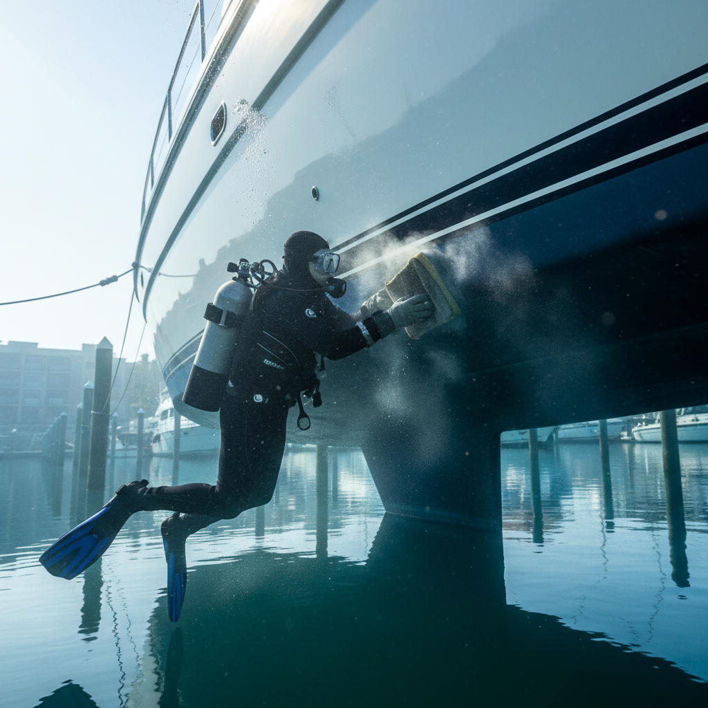 Professional diver performing San Leandro Marina maintenance using non-abrasive cleaning techniques