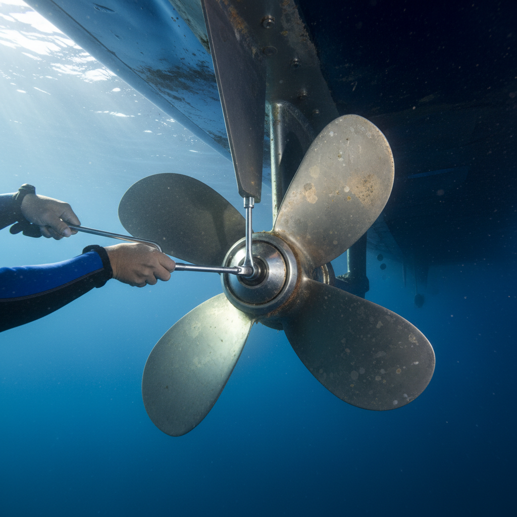 Professional diver performing a hull fastener security audit on a racing yacht strut
