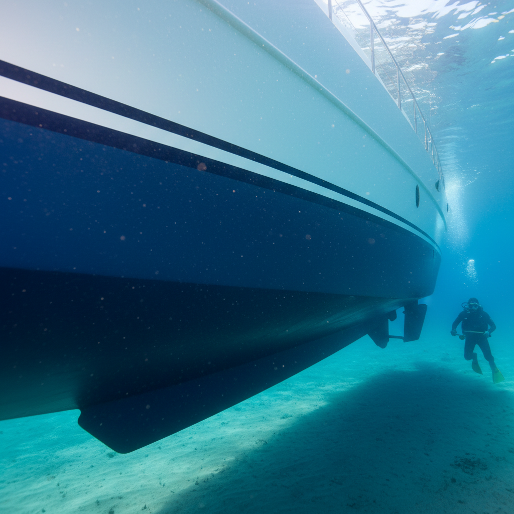 Professional inspection showing excellent hull paint adhesion on a vessel