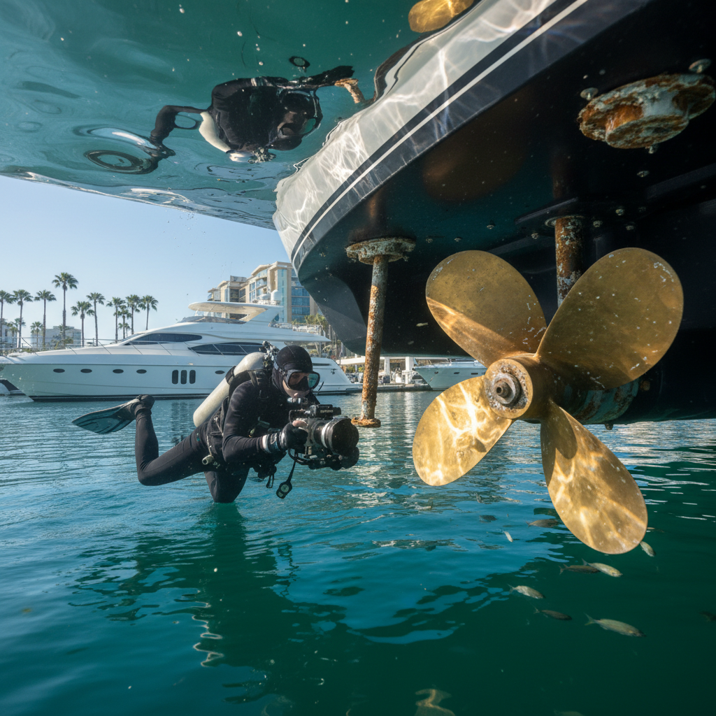 Professional diver performing a hull roughness audit in a Bay Area marina