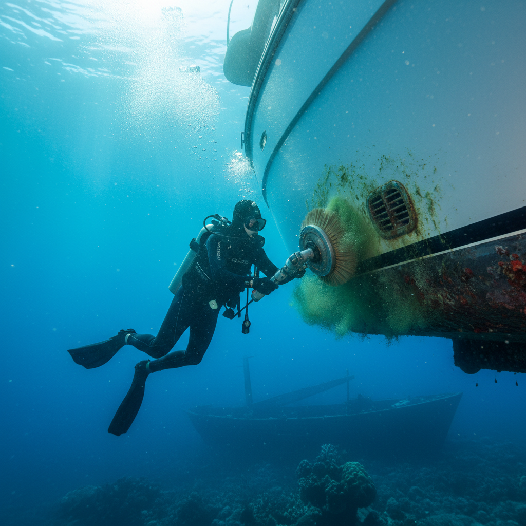 Underwater Intake Cleaning Process Professional diver performing a hull suction audit and engine cooling maintenance.