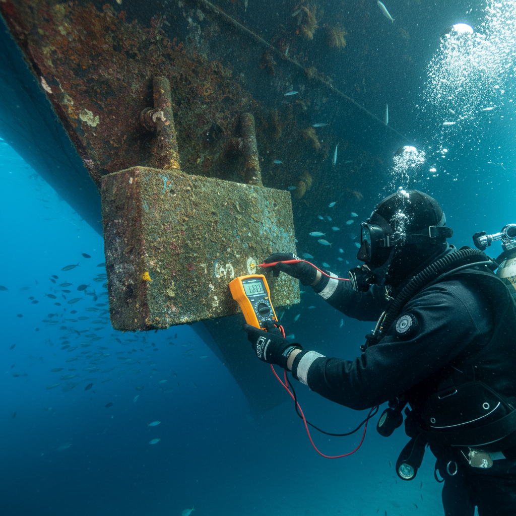 Diver performing hull-to-anode connectivity testing with a multimeter on a steel vessel
