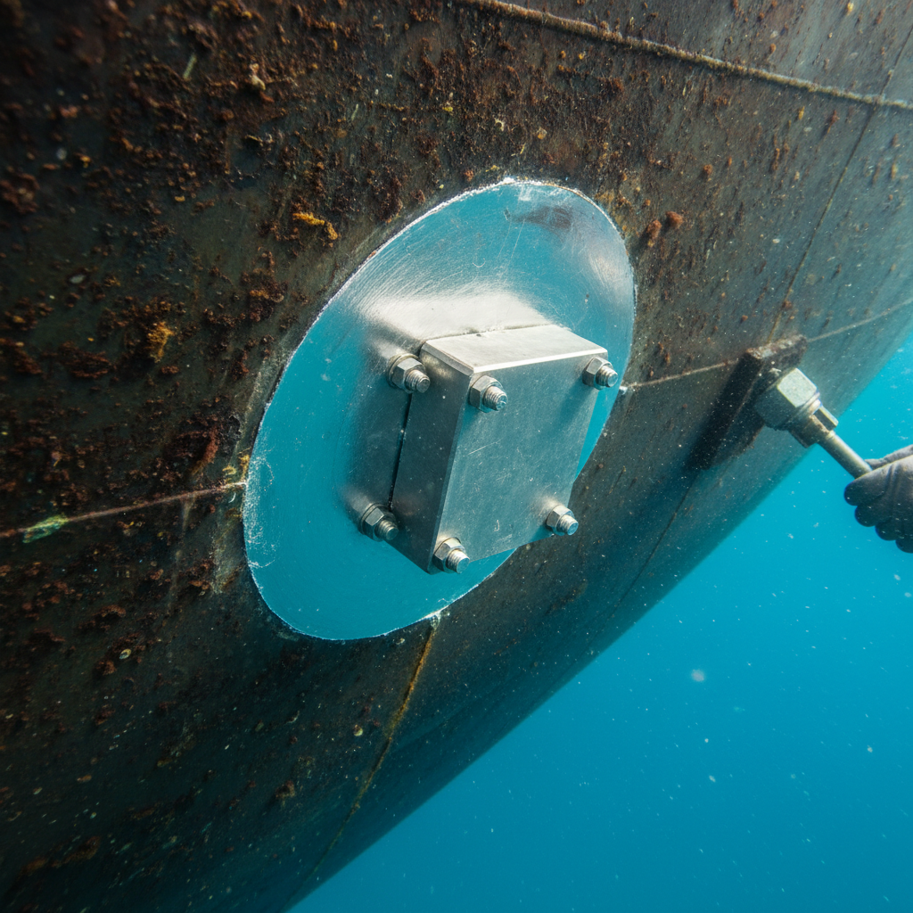 Proper sacrificial anode installation showing bare metal contact on a steel hull